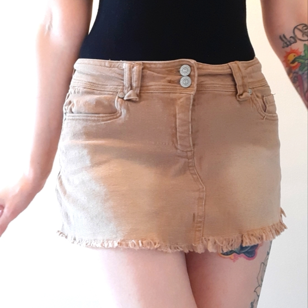 UB Jeans Distressed Camel Brown Denim Micro Mini Skirt.